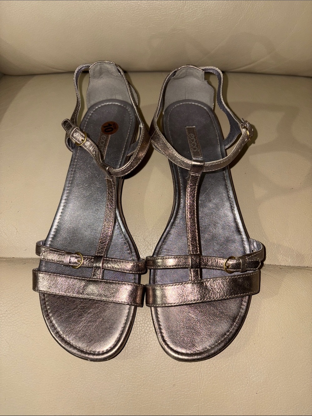 Ecco Metallic T-Strap Flat Sandals - Silver goldish color